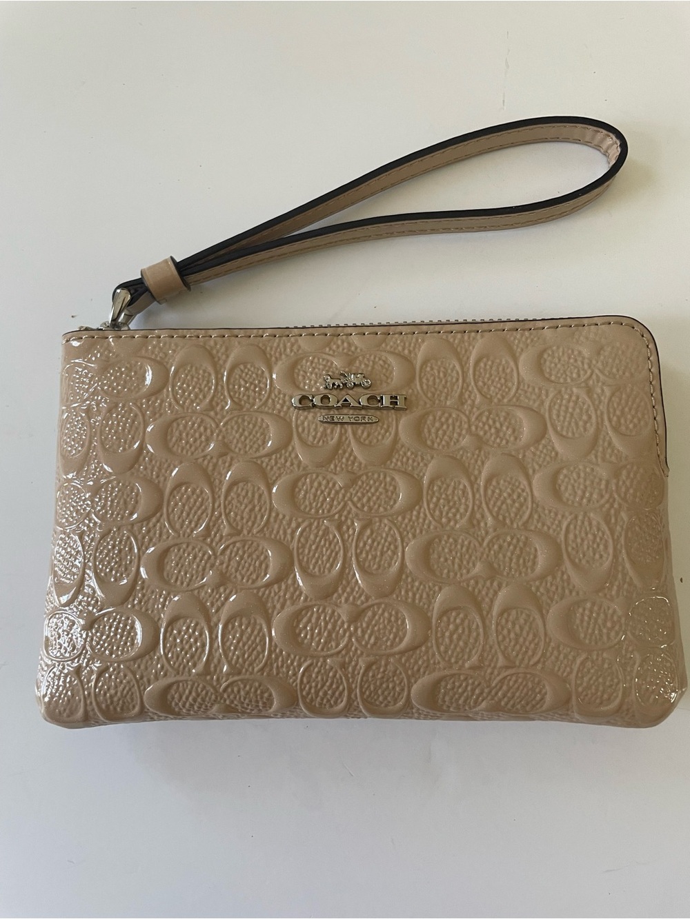 Coach Patent Leather Wristlet in Taupe
